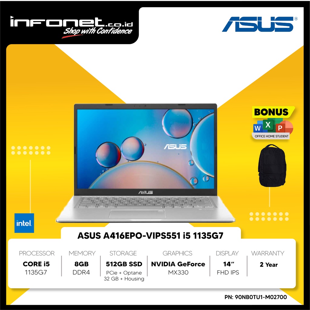 ASUS A416EPO-VIPS551+ i5 1135G7 8GB 512GB PCIe + OPTANE 32GB + HDD HOUSING MX330 14" FHD IPS W10 OHS