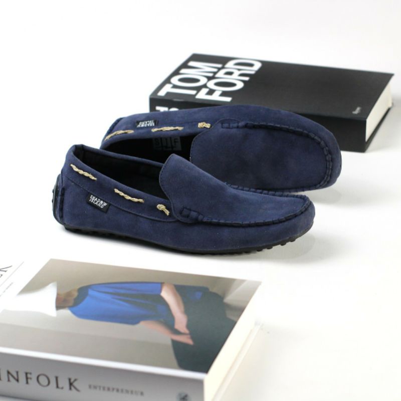 MORGAN NAVY Sepatu Pria Original Slip On Casual Kulit Suede Keren Selop Pesta Kondangan Santai Main