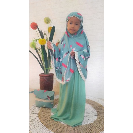 MUKENA ANAK KATUN RAYON MOTIF BULU AYAM USIA 2,5 - 7 TAHUN( SIZE M - SIZE XL)