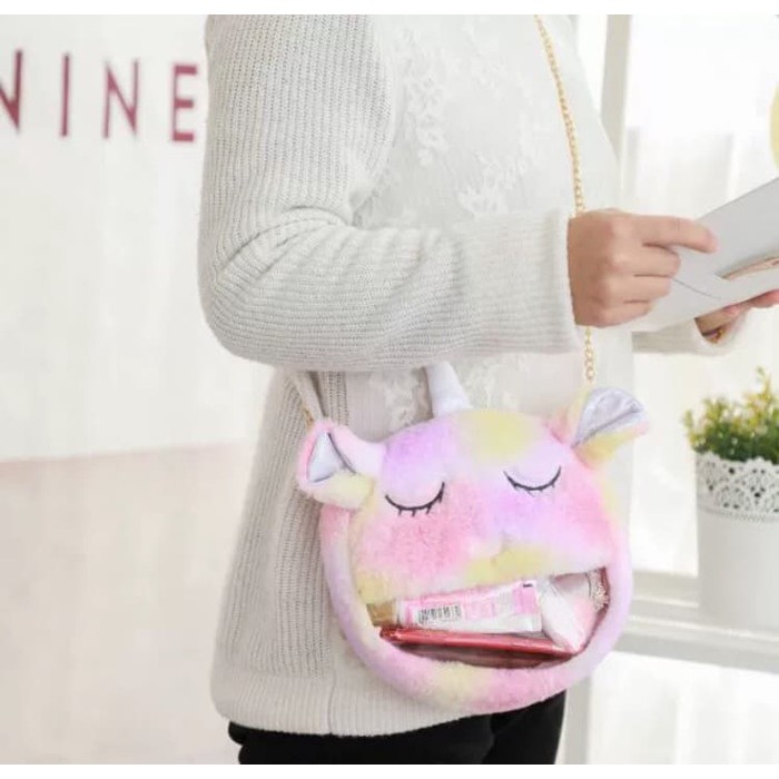 SLING BAG UNICORN RAINBOW FUR / TAS SELEMPANG BONEKA BULU