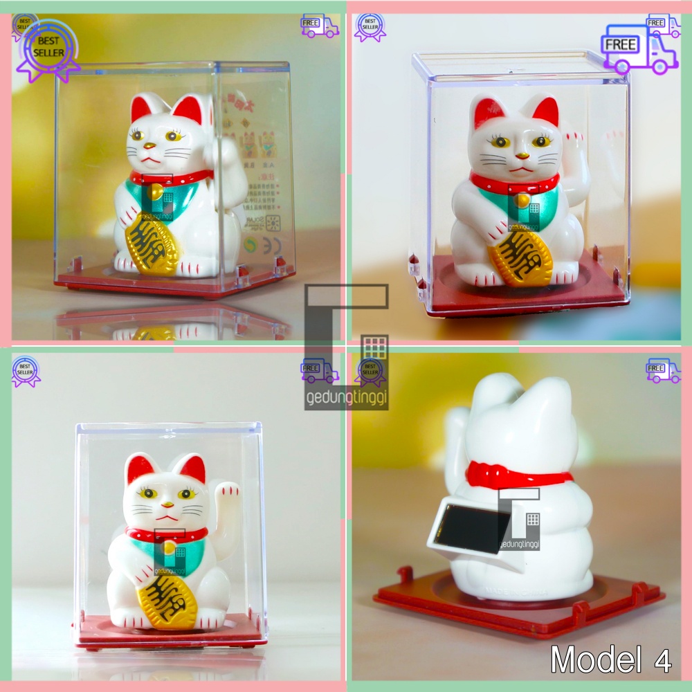 Patung Pajangan Boneka Hiasan Mainan Kucing Hoki Lucky Cat Maneki Neko Maneki Neko Dewa Chaisen Chai Cai Sen Caisen Ye Dewi Rejeki Rezeki Keberuntungan Tangan Goyang Gerak Bergerak China Cina Jepang Dashboard Mobil Mini Kecil Solar No Baterai Batrei Batre