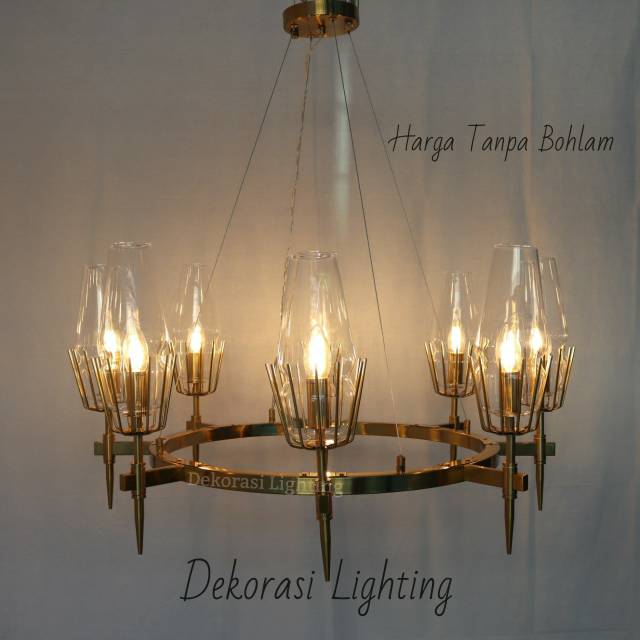 Lampu gantung kristal bulat kaca gold 8L meja makan minimalis hotel dekor