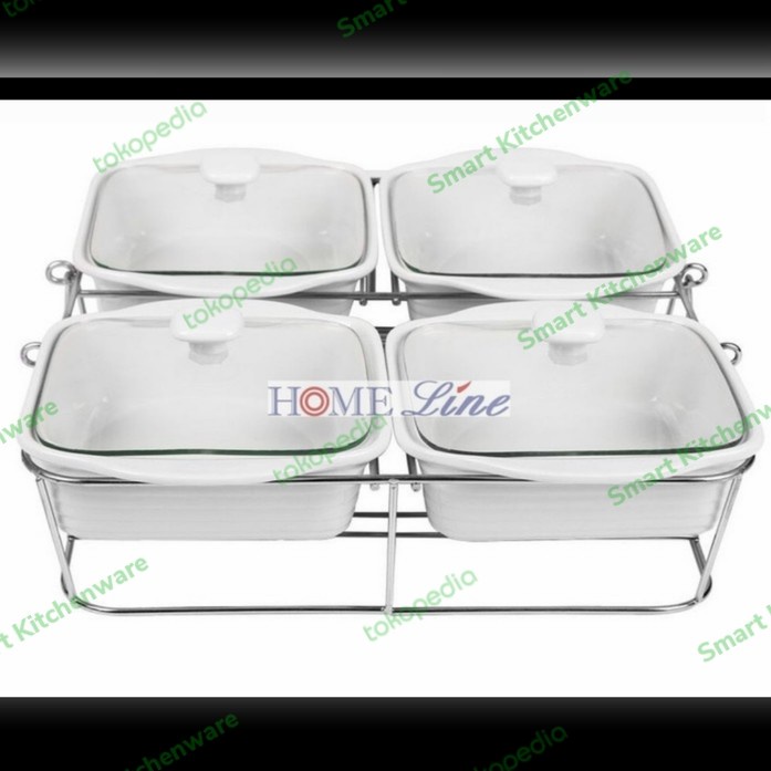 Tempat Saji - Food Warmer Mangkok Saji + Penghangat Segi Set 4 Keramik Putih