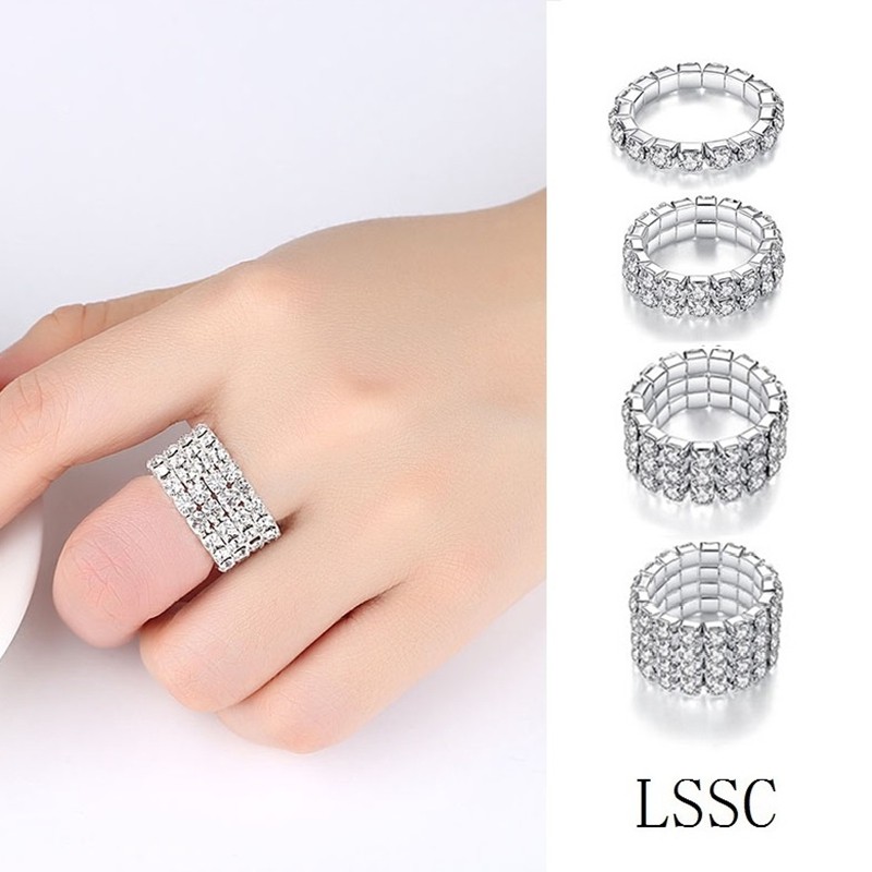 Cincin Wanita Korea 1 / 2 / 3 / 4   Bersinar Berlian Imitasi Elastis Ukuran Disesuaikan