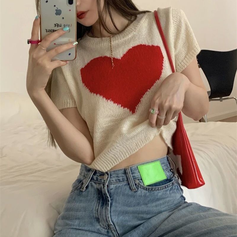 pro love sweater rajut wanita versi korea musim panas baru hot girl tops ins slim fit dan kaos lenga