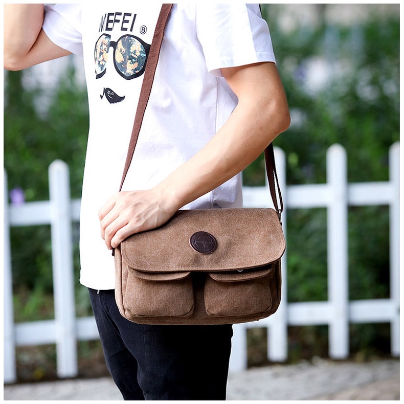 Tas Selempang Pria Messenger Bag Bahan Canvas mesenger mesenjer tas kanvas cowok kanfas Men's cowo Messenger Bags Male Canvas Shoulder Bag Fashion Casual Style Satchels Solid Color Crossbody Bag Retro Small Bags