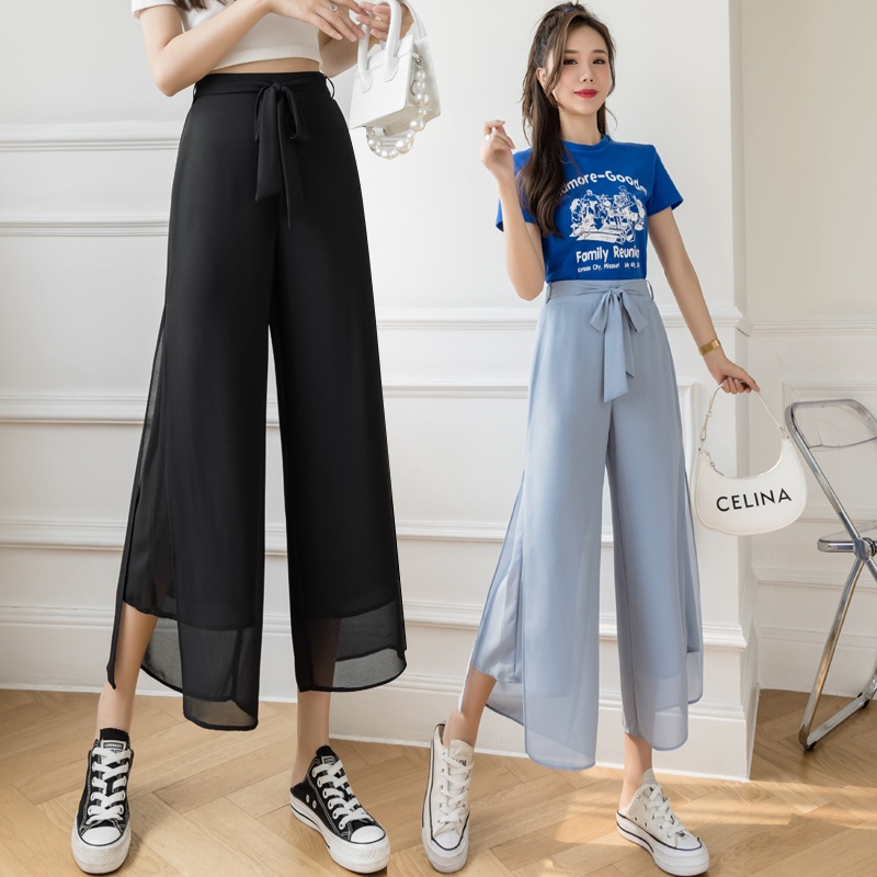 【Blossom】Korean Tie Front Cropped Solid Wide Leg Pants 7257