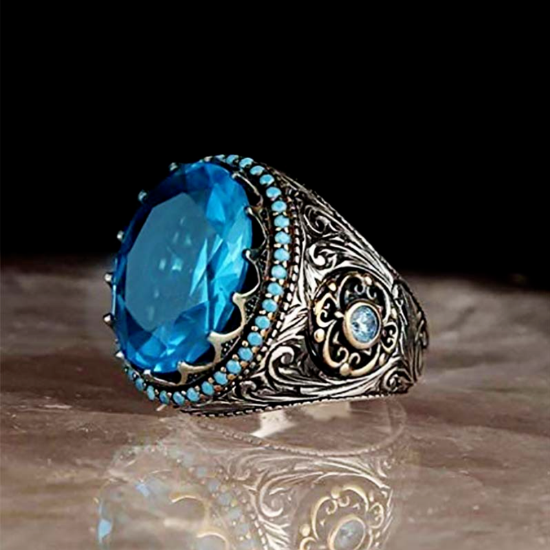 [Cherrye] Cincin Pria Mutiara Biru Safir Fashion Jewelry Kristal Berlian Baja Titanium Perak Antik Rings