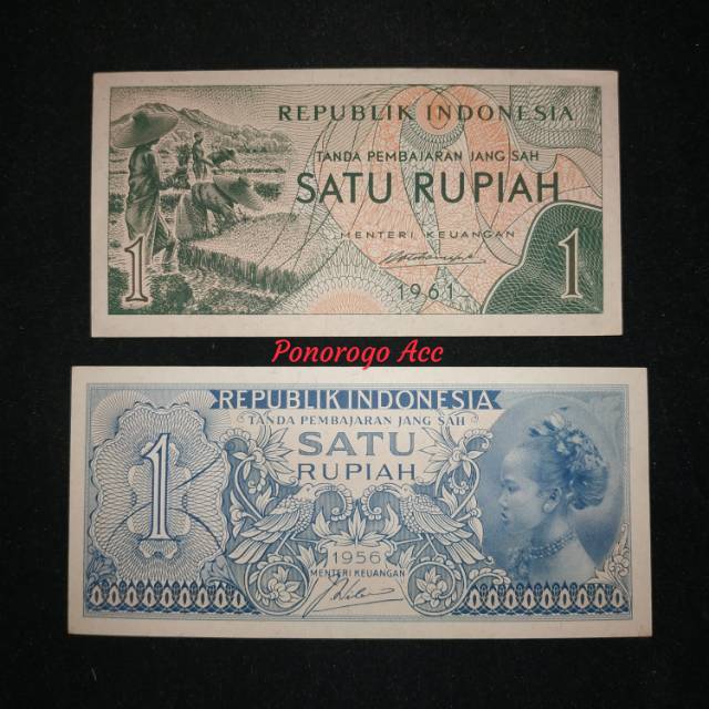 (Gress/Baru) 2 lembar set uang kuno 1 rupiah tahun 1956 sandang pangan dan 1961 suku bangsa