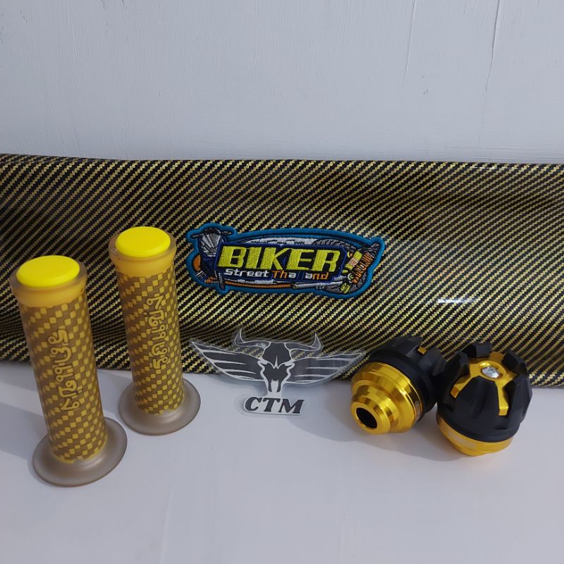 [PAKET GOLD] Sarung Kulit Jok Biker Karbon / Grip Karbon / Jalu As Roda Depan - GOLD