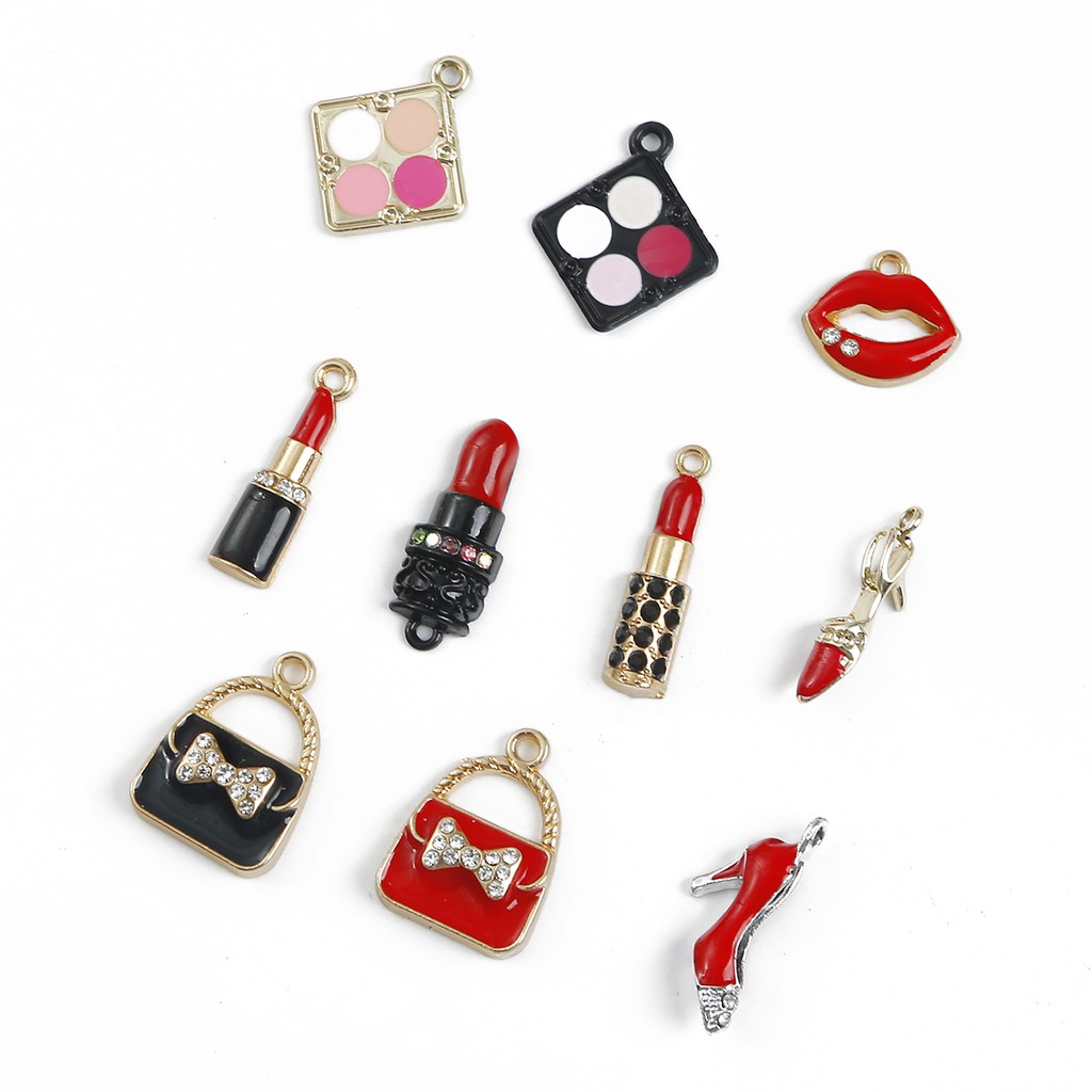 2-4 Pcs Enamel Makeup Charms Mixed Women Lip Lipstick Alloy Gold Tone Necklace Bracelet Jewelry Making Accessory