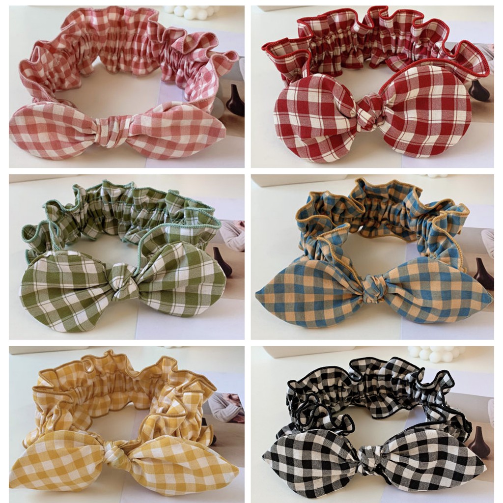 Bando Karet Pita Motif Kotak-Kotak Aksesoris Rambut Wanita Daily Korean Style Import