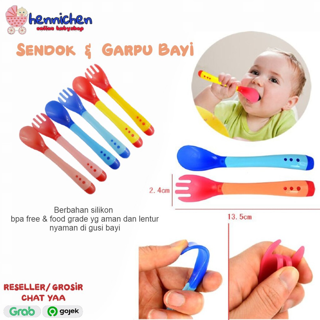 2 Pcs Sendok Garpu Makan Bayi / Sendok Makan Bayi Sensor Panas / Spoon Fork Set Heat Sensing.