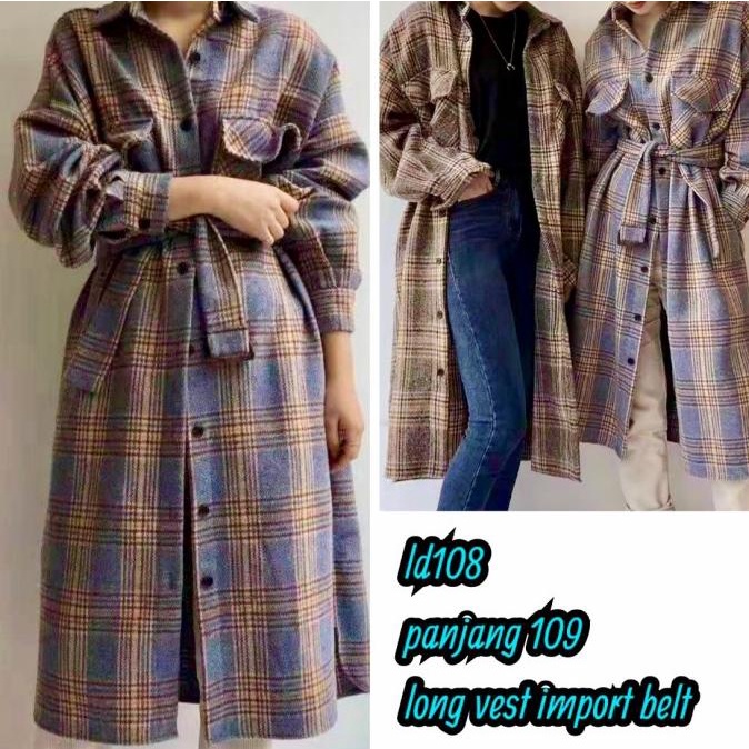 KEMEJA TUNIK WANITA MOTIF KOTAK LENGAN PANJANG KOREA STYLE IMPORT