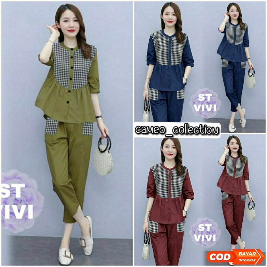 ( COD ) STELAN VIVI 2IN1 SETELAN MOSCREPE WANITA SETELAN WANITA PAKAIAN WANITA BAJU KOTAK WANITA SET