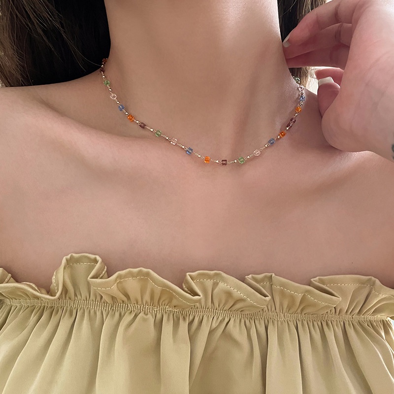 Kalung Gelang Rantai Klavikula Hias Manik-Manik Kristal Warna Permen Gaya Korea Serbaguna