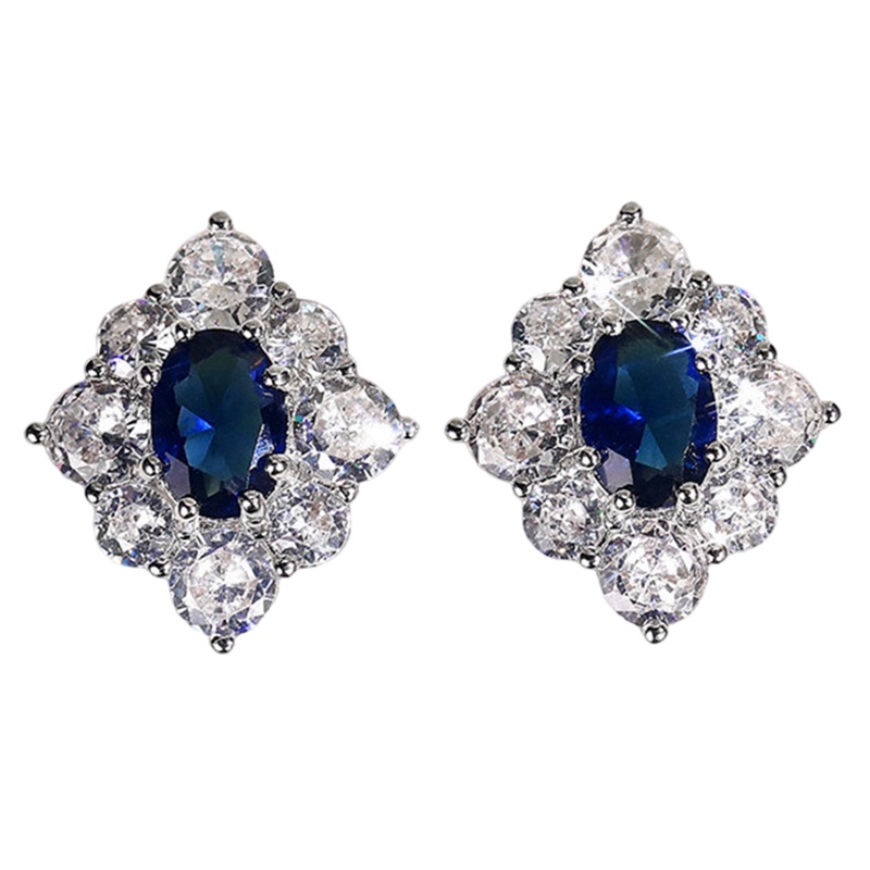 Anting Stud Cubic Zirconia Bentuk Oval Warna Biru Untuk Wanita