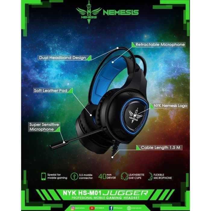 Headset Gaming Nyk nemesis Wired 3.5mm free audio splitter with mic Jugger Hs-M01 - Headphone m-01