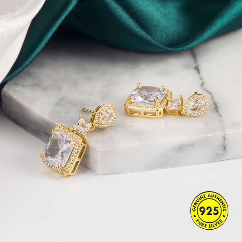 Anting Bahan Sterling Silver 18K Gold Bentuk Persegi Aksen Zircon