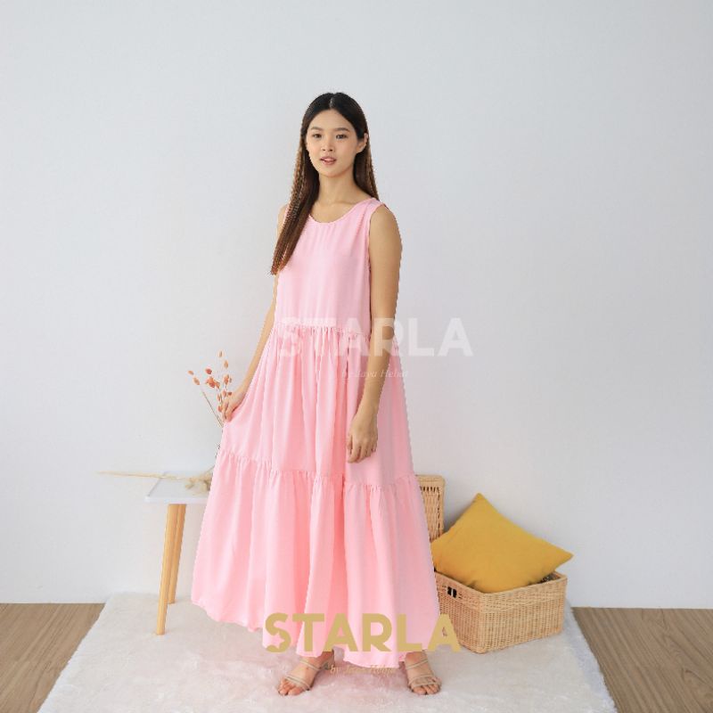 LONG DRESS PLAIN RUFFLE DRESS WANITA CASUAL SLEEVELESS BAHAN SATIN PREMIUM KOREAN DRESS  CASUAL DRESS DRESS KOREA KATE STARLA