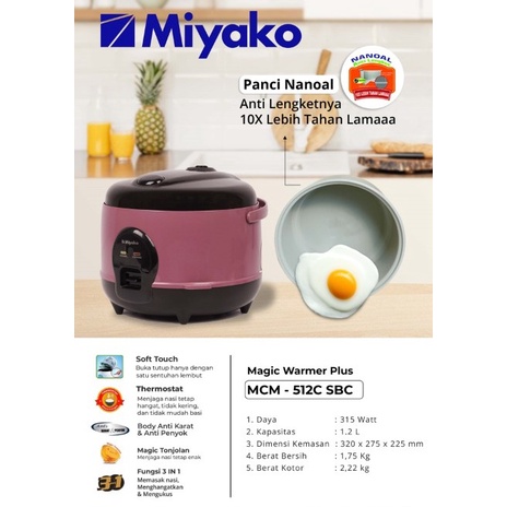 Miyako Rice Cooker / Magic Com MCM-512C SBC / MCM 512 C SBC