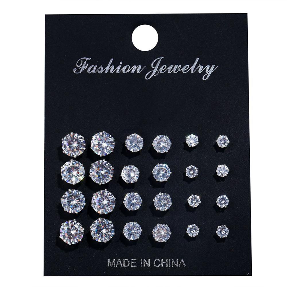 Timekey 12 Pasangset Anting Tusuk Alloy Bulat Hias Zircon Untuk Wanita A7K6