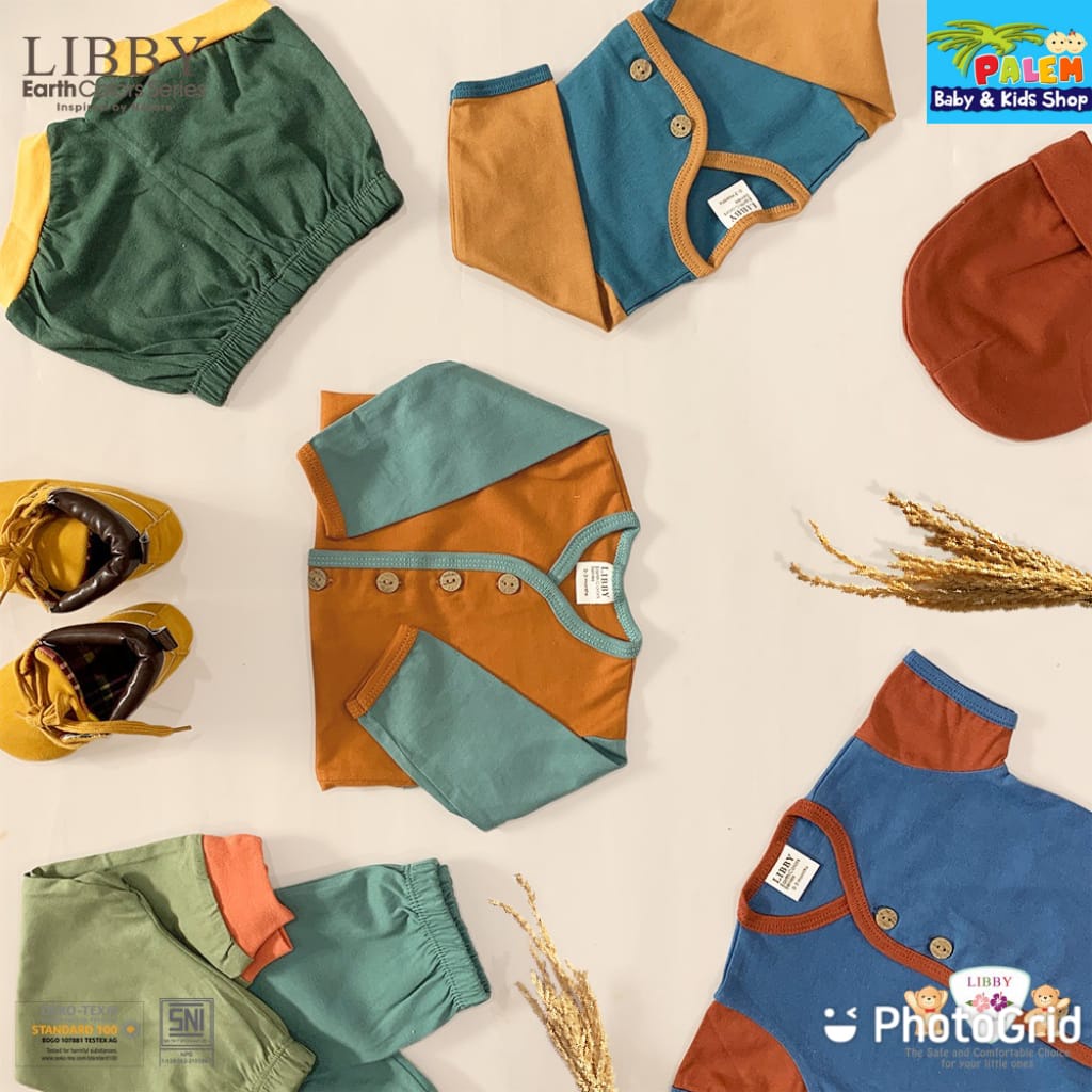 Libby Earth Series Comfy Set Setelan Kancing Depan Polos Libby Baby PENDEK Size 0-3 3-6 6-12