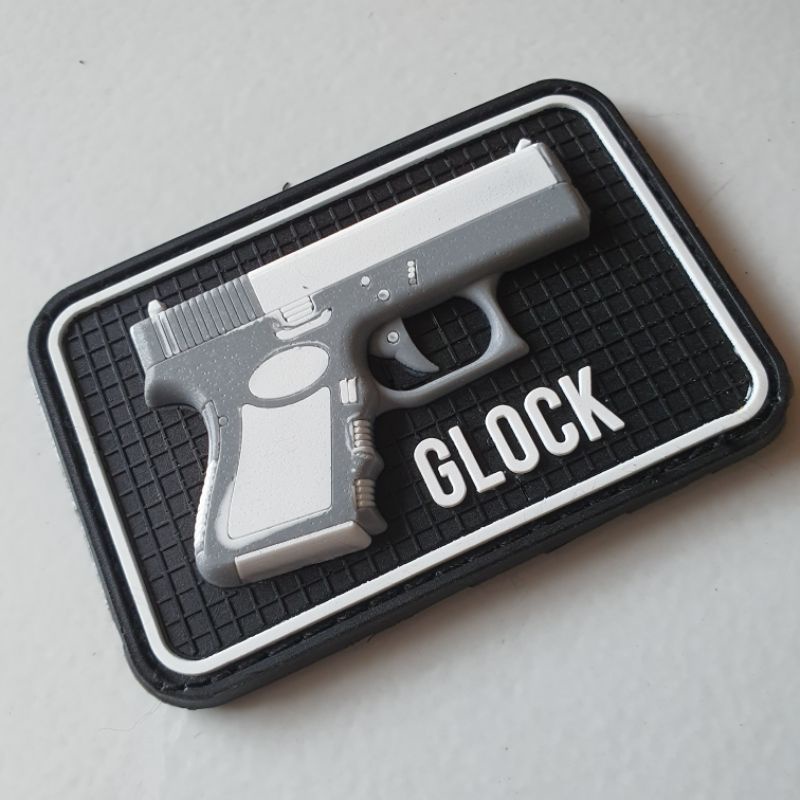 PATCH RUBBER PVC LOGO GLOCK 3D TIMBUL LIS PUTIH/TEMPELAN EMBLEM KARET VELCRO