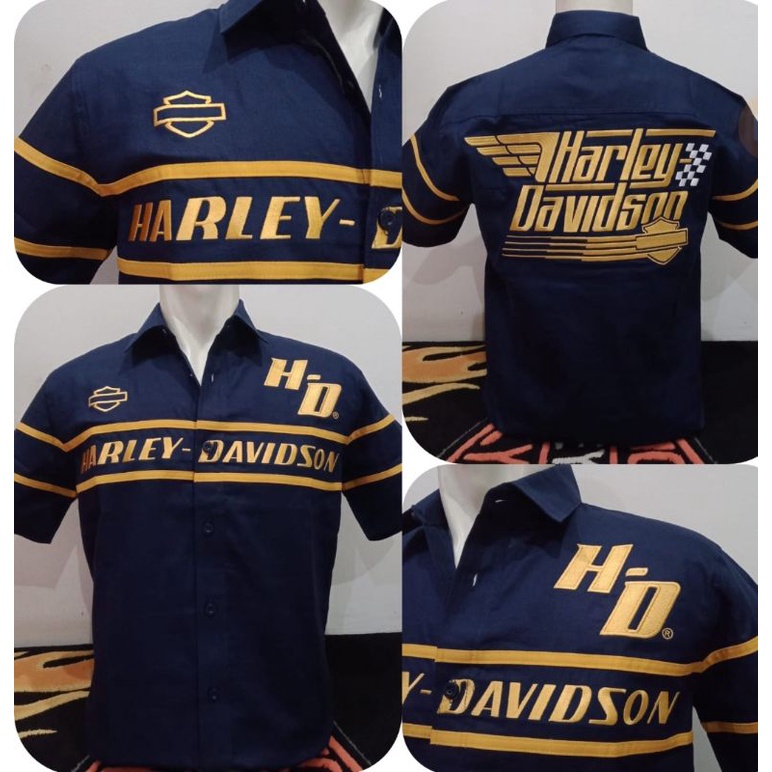 Kemeja Harley Davidson Biru navy dark list gold