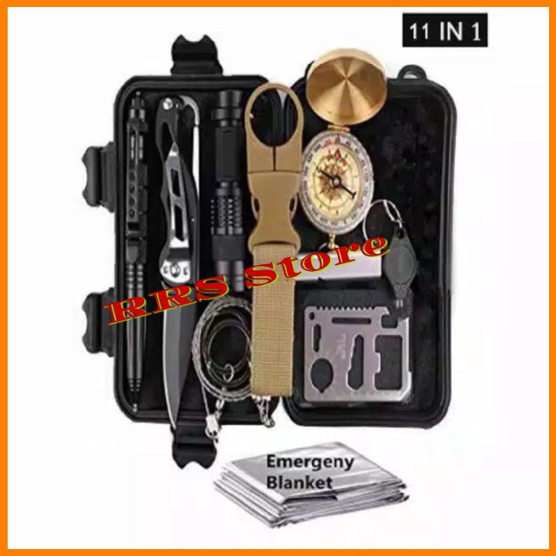 Lengkap perlengkapan Survival Kit 11 in 1 Multifunctional First Aid SOS Tools. - 039