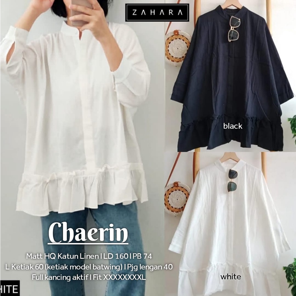 Chaerin Kemeja Katun Linen Adem Rampel Bawah LD 160 cm Hem Kerja Putih Hitam Adem Kemeja Putih Polos