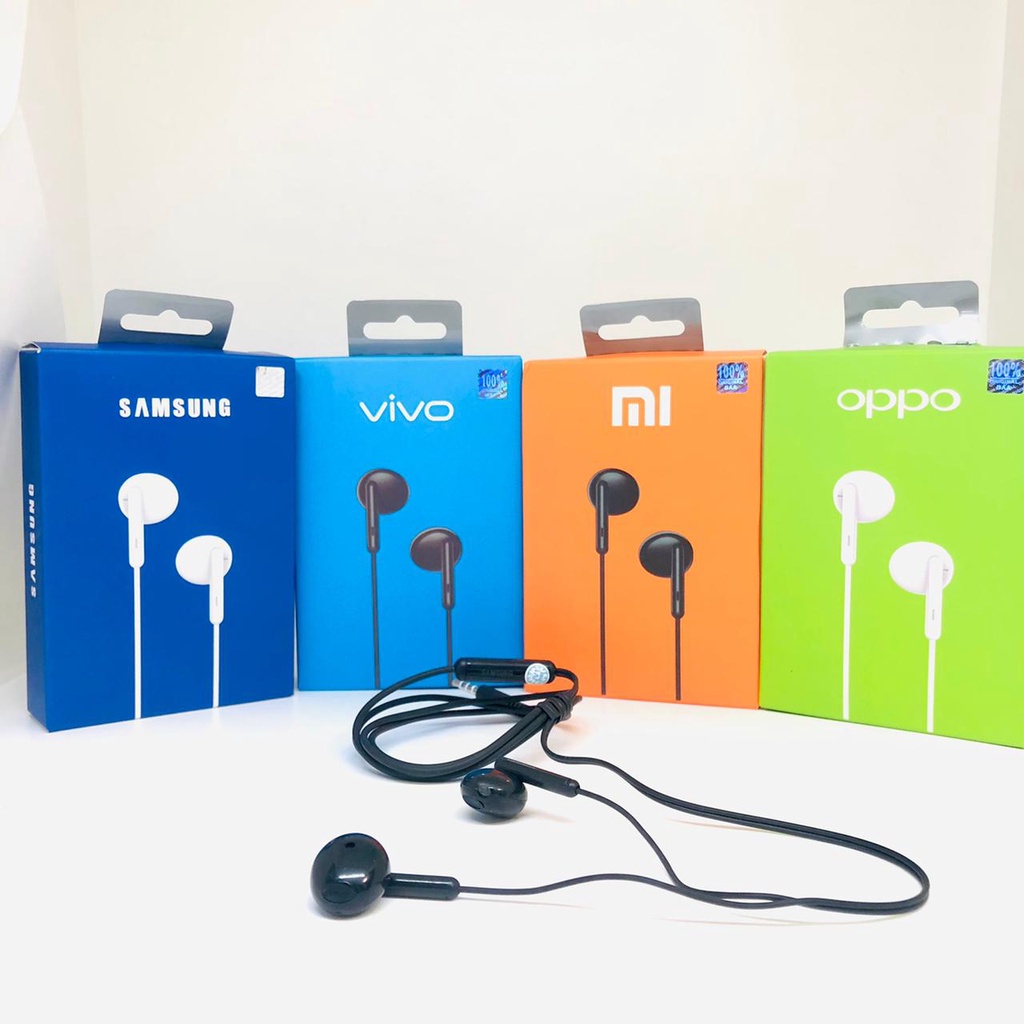 EARPHONE OPPO DAN VIVO HF BRAND BUDS CLASSIC R3 + PACKING warna black &amp; white