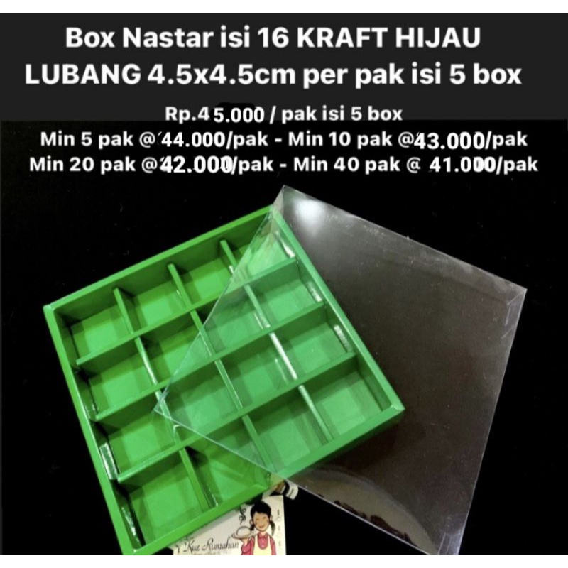 

Box Nastar Isi 16 HIJAU Lubang Uk 4.5x4.5cm DIJUAL PER PAK ISI 5 BOX