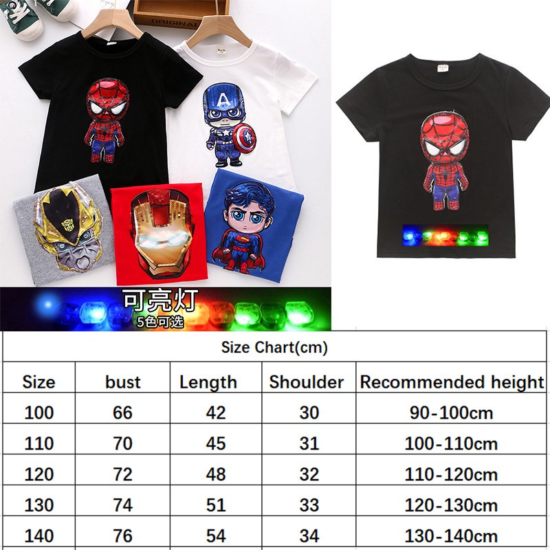 【Hot Sale】Blus Katun Anak-anak Kemeja Top Tshirt Musim Panas Anak Laki-laki Anak Perempuan Pakaian 1-8Years Boy T-Shirt LED Flash Superhero Short-sleeved