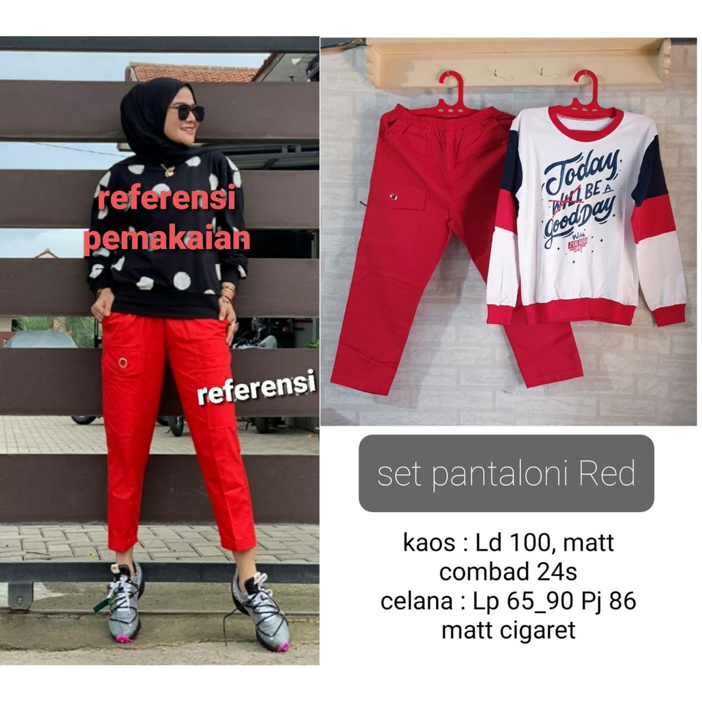 Setelan Casual Kaos Zolaqu Kombi Putih Merah Biru Baggy pants Pantaloni Merah Fashion Wanita Murah