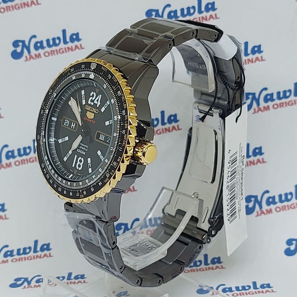 Seiko 5 Sports SRP356K1 Automatic Black-Gold Bezel } Jam Pria SRP356