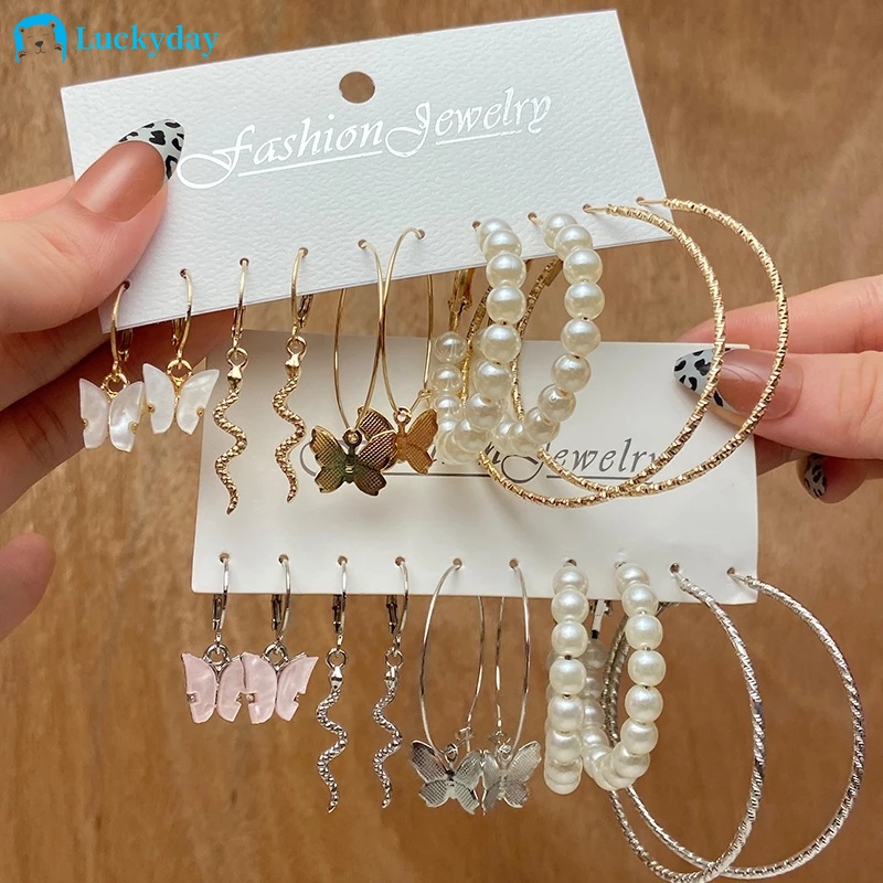 YEEZII Set Anting Stud Desain Butterfly Snake Aksen Mutiara Bahan Resin Gaya Korea Untuk Wanita