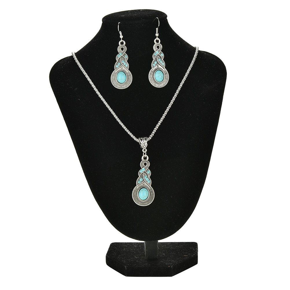 Set Perhiasan Kalung Kait Turquoise Gaya Retro Vintage