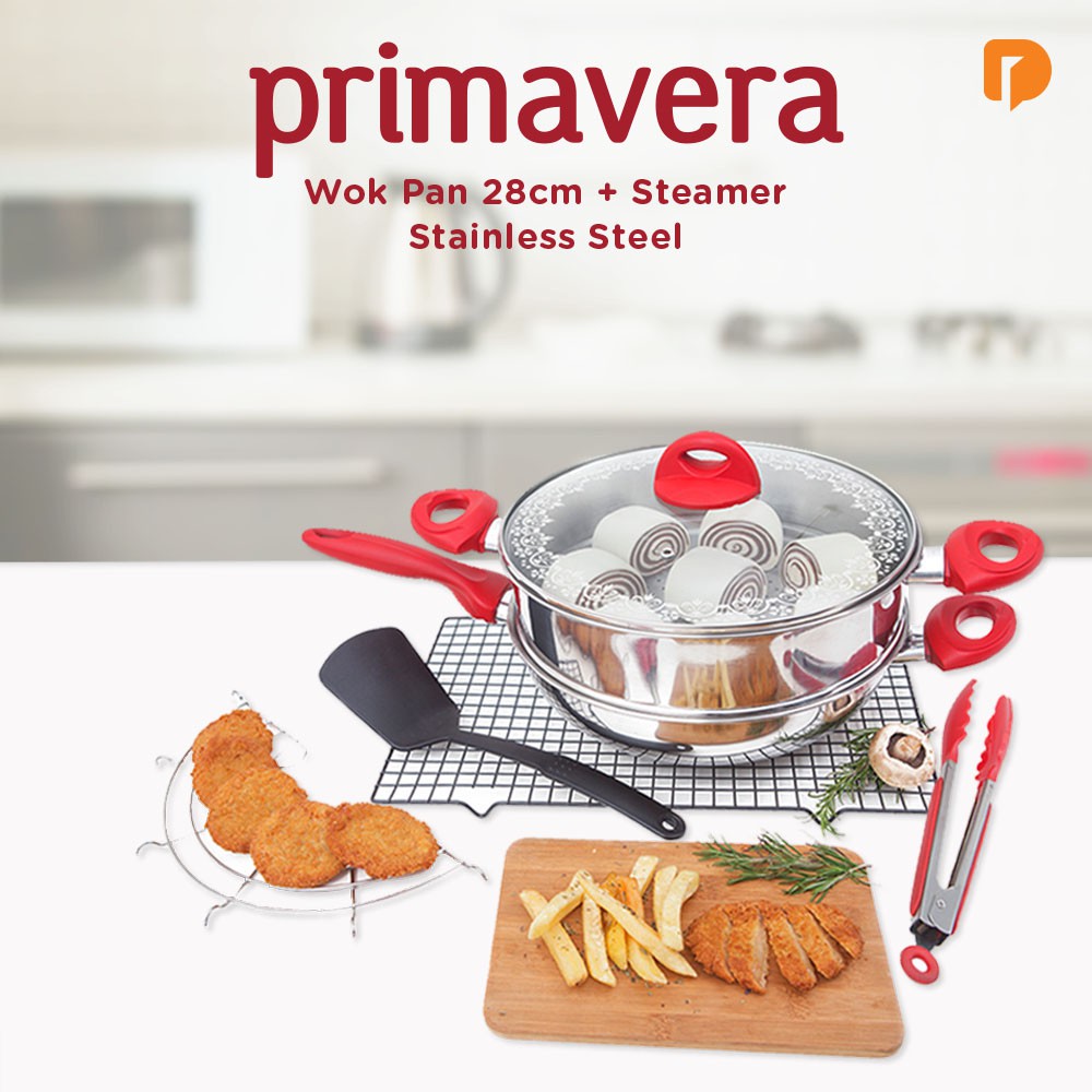 Pan/ Panci/ Penggorengan/ Primavera Wok Pan 28 cm + Steamer Stainless Steel