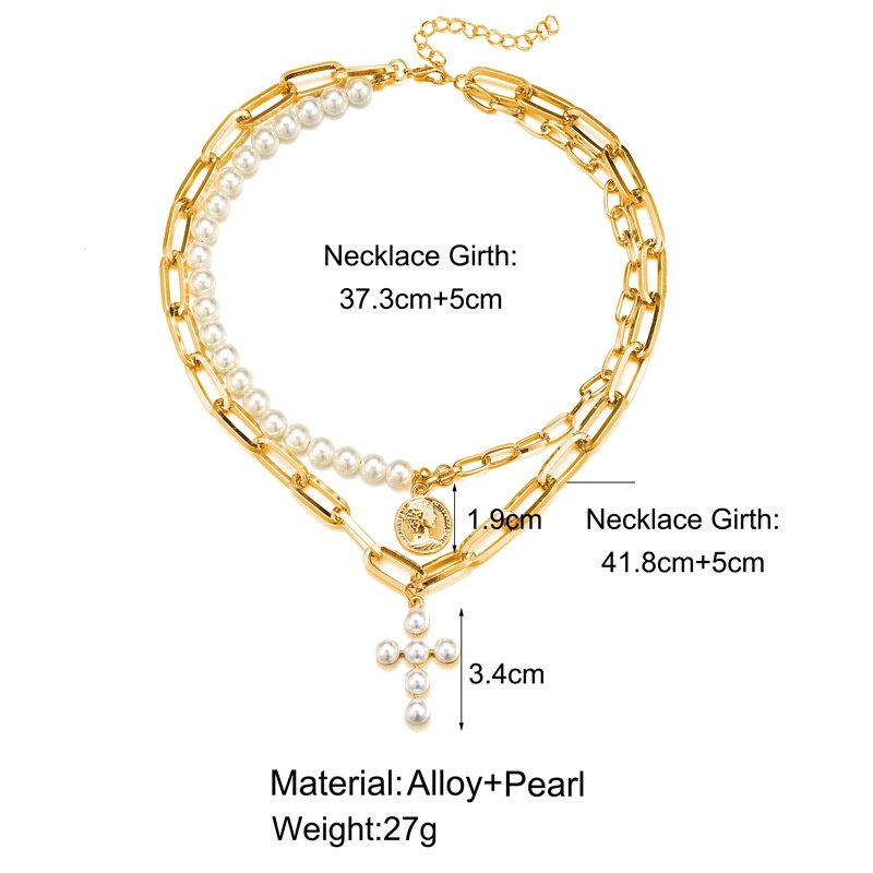 Kalung Rantai Choker Multilayer Liontin Salib Aksen Mutiara Gaya Retro Untuk Wanita