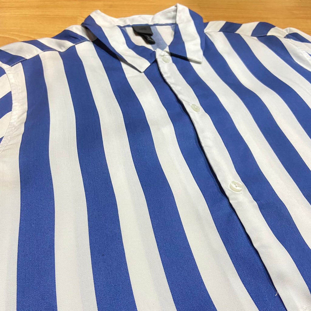 H&amp;M Kemeja Pria Lyocell Formal Kasual Garis Biru Striped Shirt Original