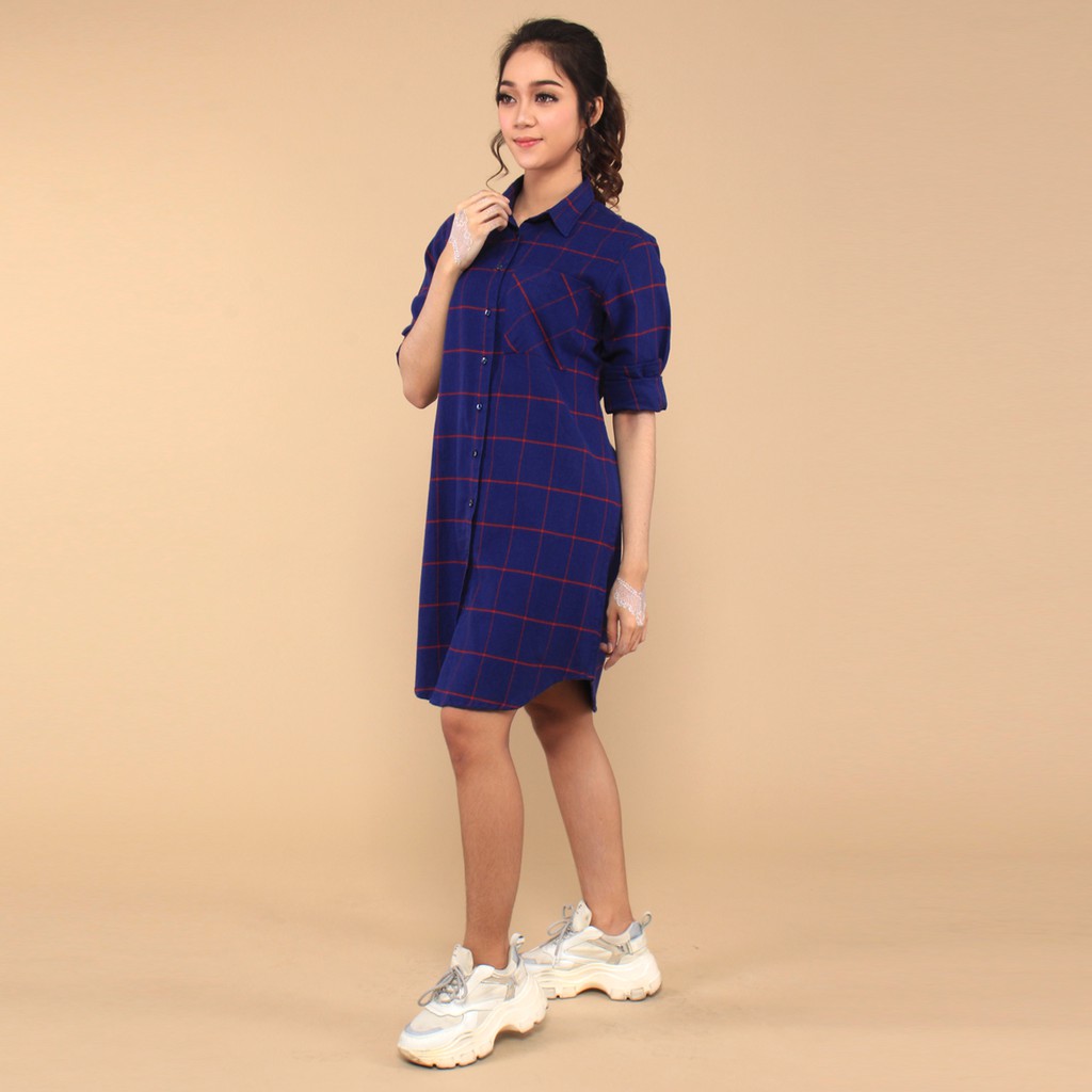 Benhill Kemeja Tunik Flannel Wanita Motif Kotak. Biru  Art.0584-11336