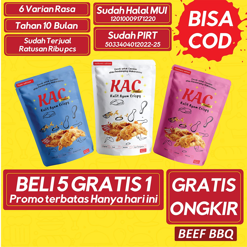 

Kulit Ayam Crispy KAC Bumbu Beef BBQ Best Seller Kripik Snack Cemilan Kekinian Murah Enak Halal MUI