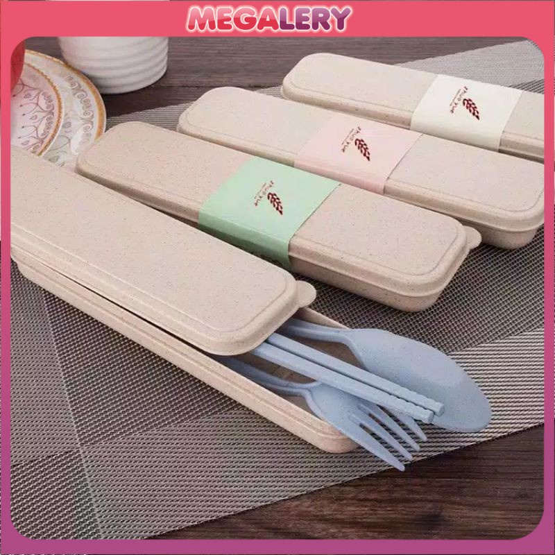 Alat Makan Sendok Sumpit Garpu Alat Makan Box Korea Travelling Set 3IN1 Bahan Plastik