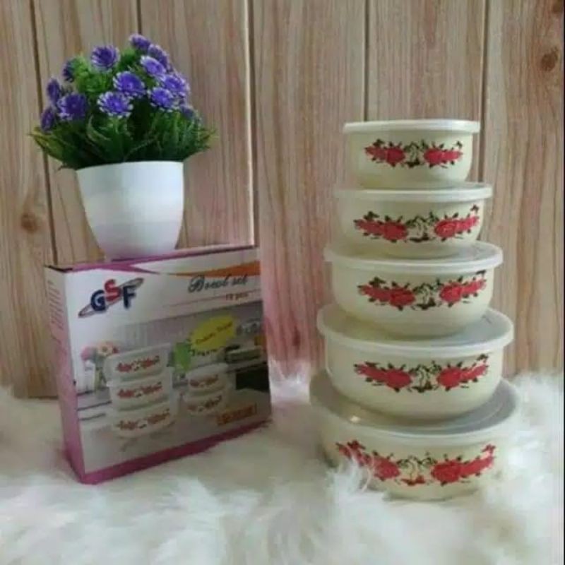 Rantang Enamel  susun 5 motif bunga putih