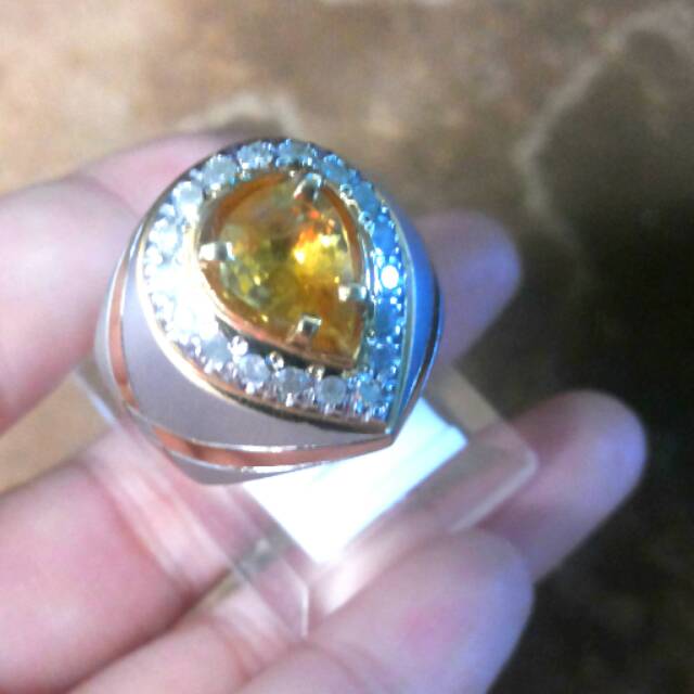 Natural yellow saphire bentuk tetes air kombinasi berlian||ring perak handmade banjar
