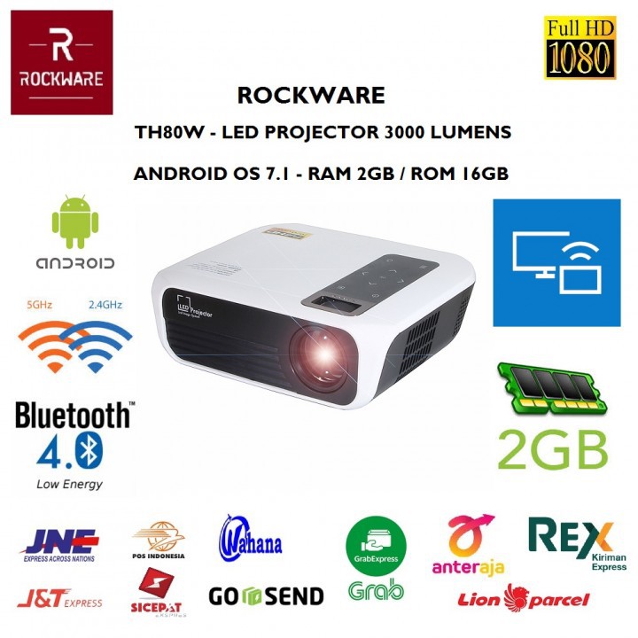 ROCKWARE TH80W - LED Full HD Projector 3000 Lumens with Android 7.1 OS