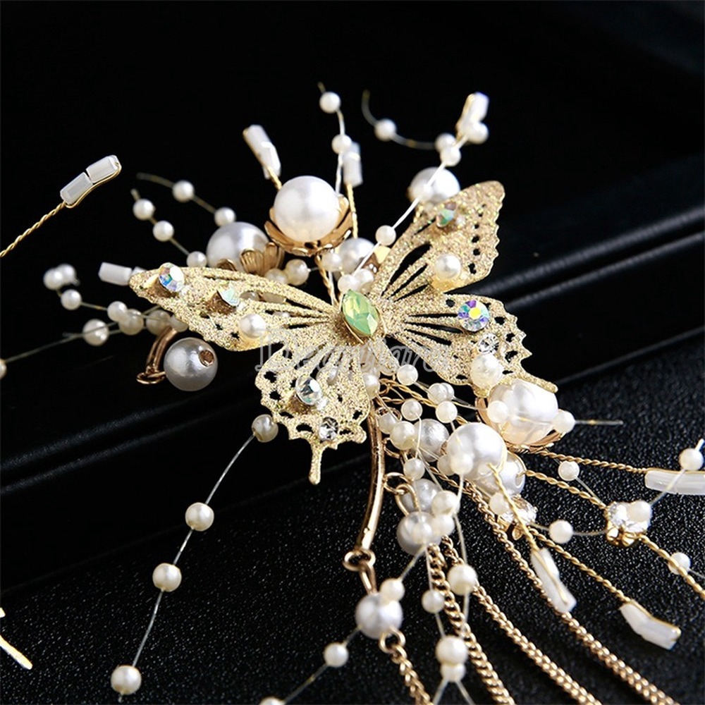 Bridal Jewelry Side Earhook Hair Accessories Golden Butterfly Tassel Jewelry Korean Style Wedding Dress Accessories