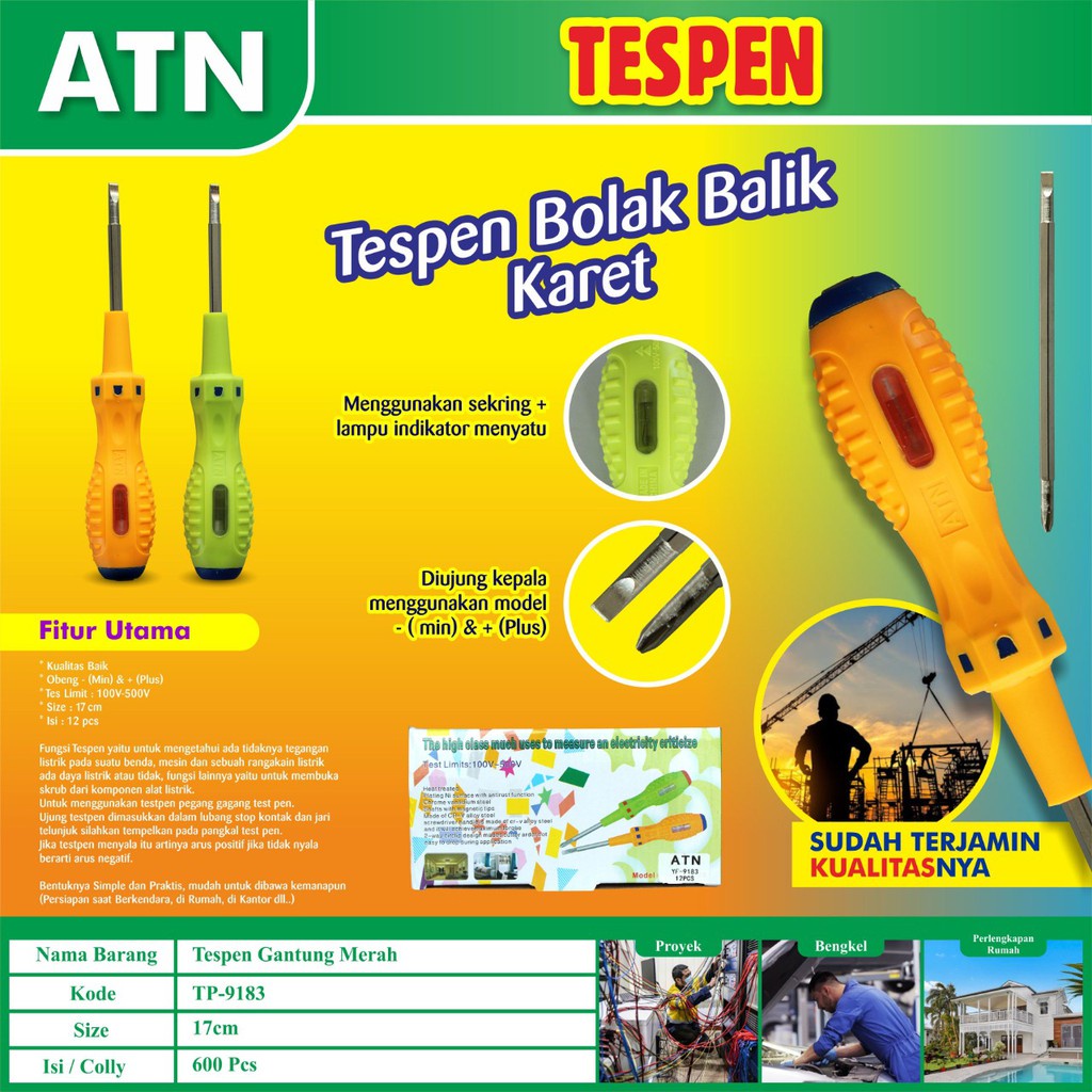 Obeng Tespen Listrik Test Pen AC Plus Minus Bolak Balik Voltage Tester Gagang Karet