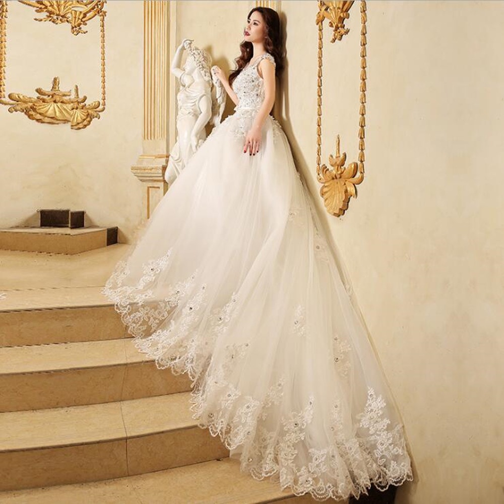 Long Tail Wedding Dress White Women Bridal Ball Gown Dress